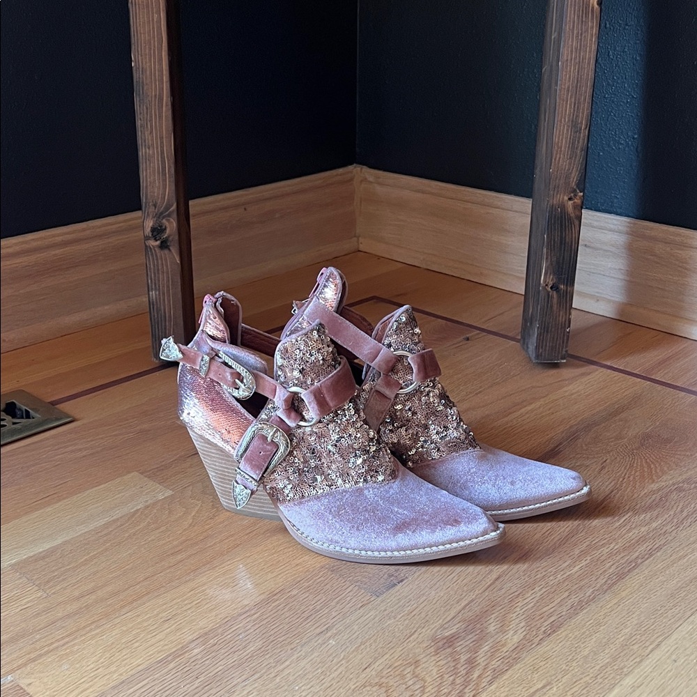 Free People Pink Glitter Heeled Boots
